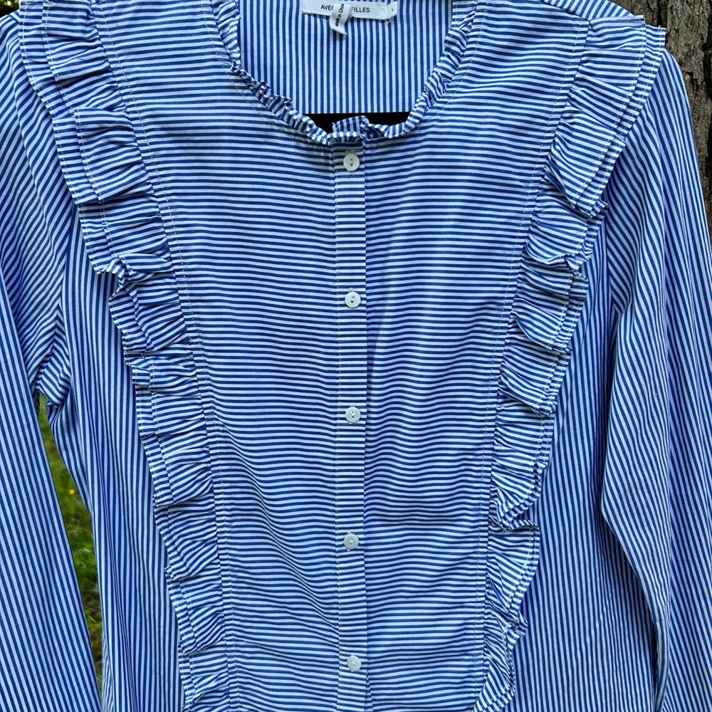 AVEC LES FILLES Cotton STRIPED RUFFLE Button Down, size Large - Picture 5 of 6